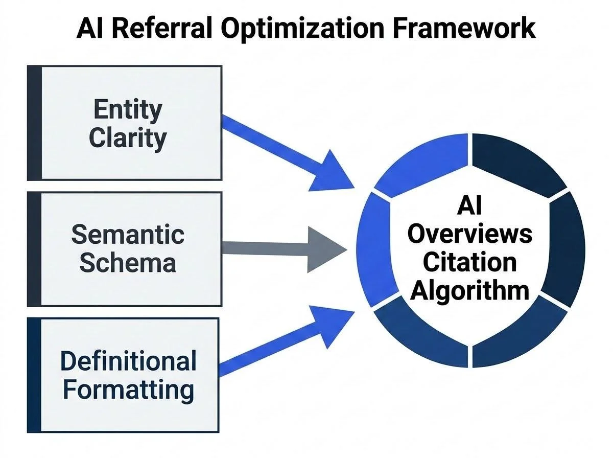 AI Referral Optimization Framework showing Entity Clarity, Semantic Schema, and Definitional Formatting feeding into the AI Overviews Citation Algorithm